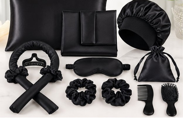8-Piece Black Satin Sleep and Styling Set